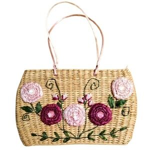 Caslon Floral Embroidered Straw Tote Bag In Pink